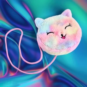 GROOVY GLAM Rainbow Happy Kitty Plushy Faux Fur Round Purse